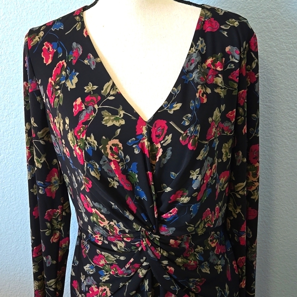 RALPH LAUREN BLACK LABEL Floral Surplice Midi Jersey Dress Sz 12 Vneck - Picture 3 of 14